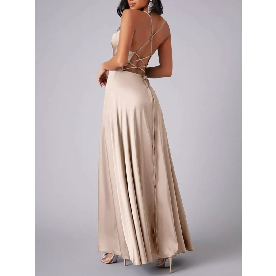 Lace Up Back Split Maxi Dress Apparel and Accessories
