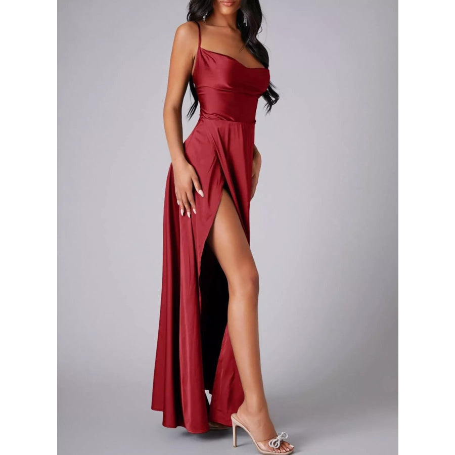 Lace Up Back Split Maxi Dress Apparel and Accessories