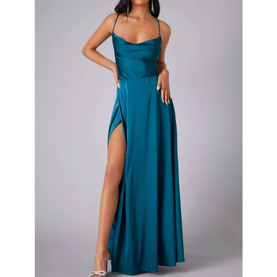 Lace Up Back Split Maxi Dress Apparel and Accessories