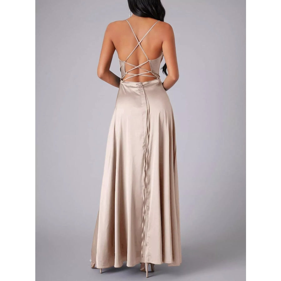 Lace Up Back Split Maxi Dress Apparel and Accessories