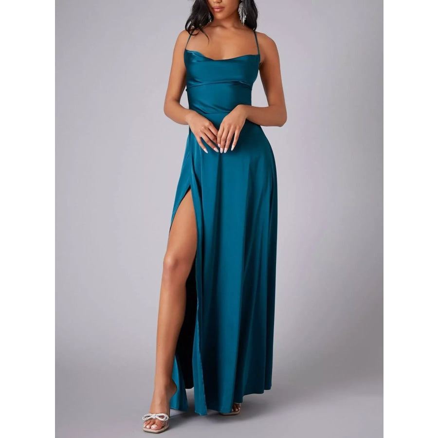 Lace Up Back Split Maxi Dress Apparel and Accessories