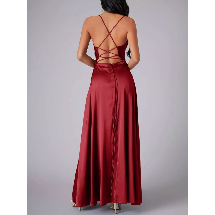 Lace Up Back Split Maxi Dress Apparel and Accessories