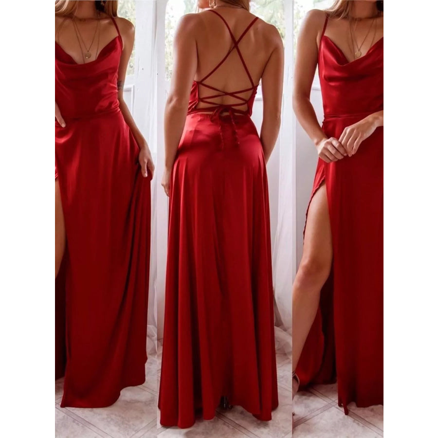 Lace Up Back Split Maxi Dress Apparel and Accessories