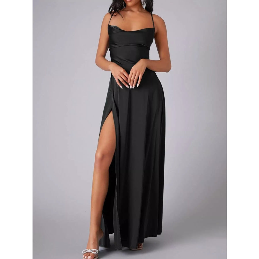Lace Up Back Split Maxi Dress Black / S Apparel and Accessories