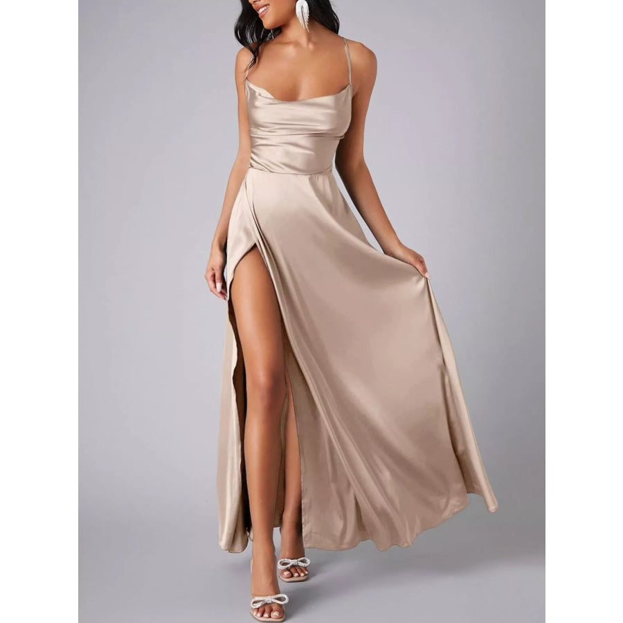 Lace Up Back Split Maxi Dress Khaki / S Apparel and Accessories