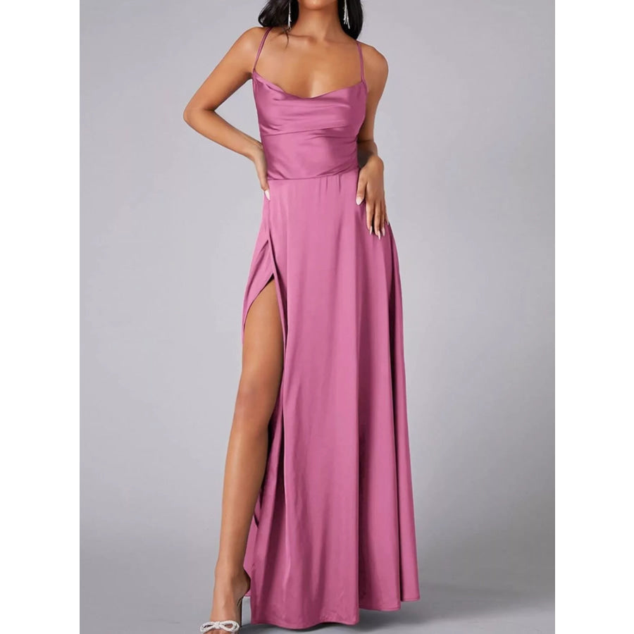 Lace Up Back Split Maxi Dress Pink / S Apparel and Accessories
