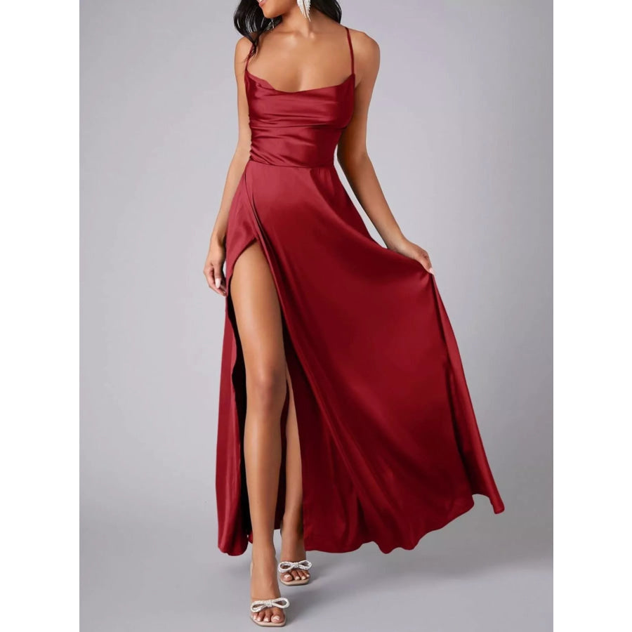 Lace Up Back Split Maxi Dress Red / S Apparel and Accessories