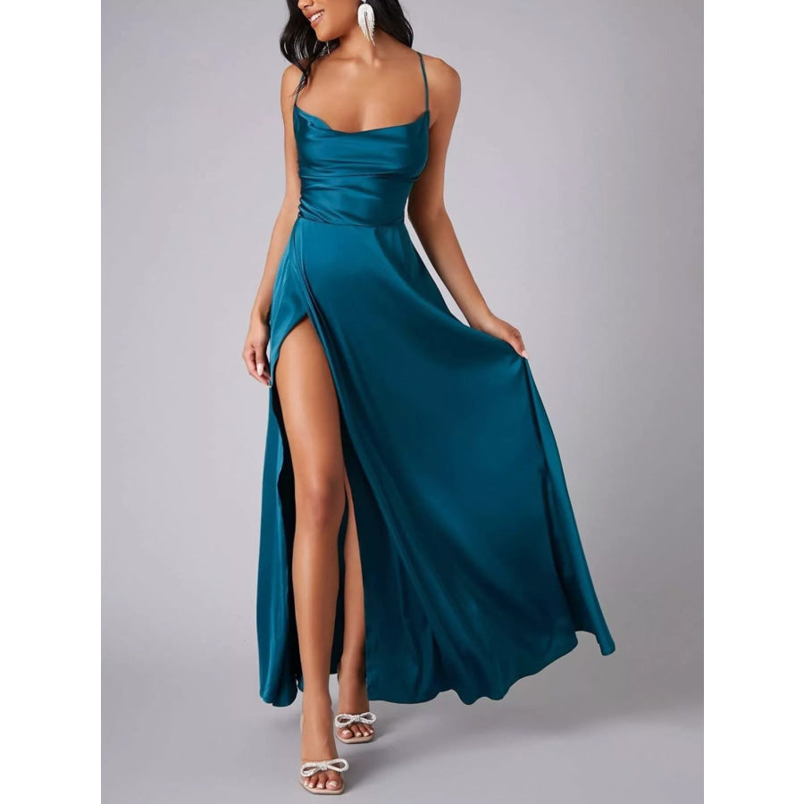 Lace Up Back Split Maxi Dress Sea Blue / S Apparel and Accessories