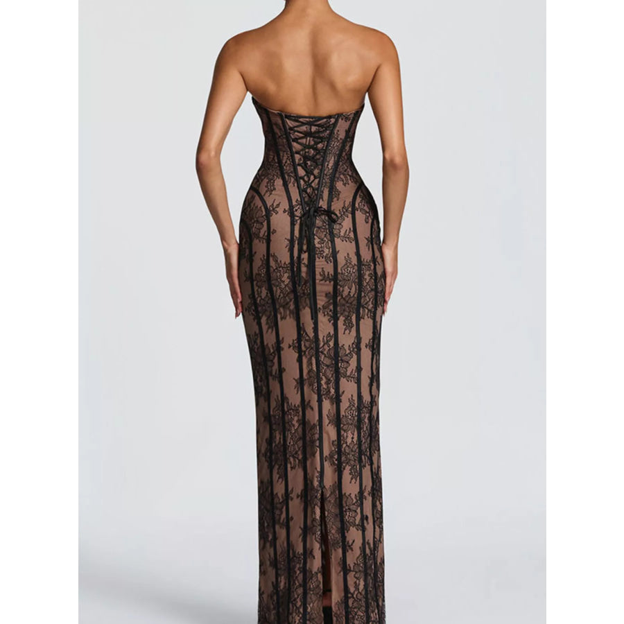 Lace Up Back Strapless Maxi Dress Apparel and Accessories
