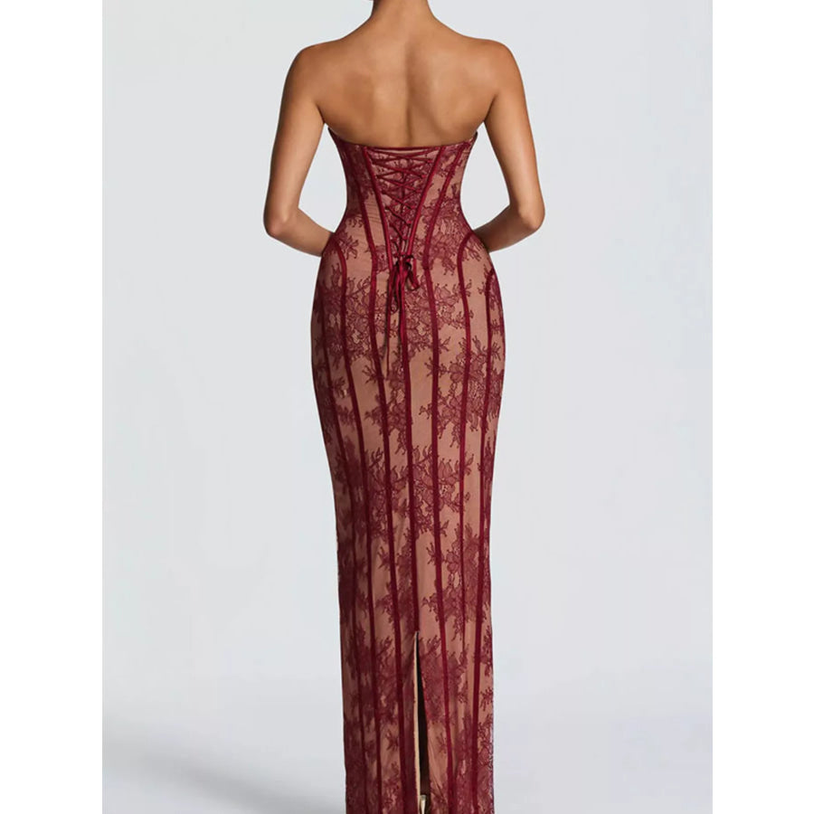 Lace Up Back Strapless Maxi Dress Apparel and Accessories