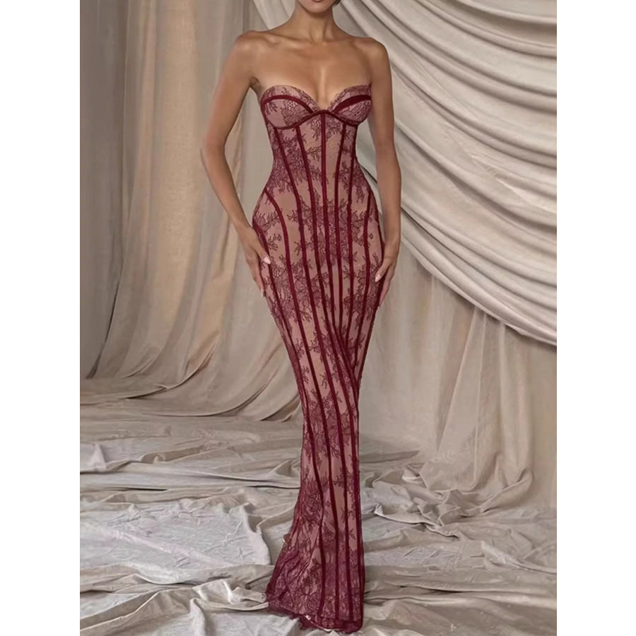 Lace Up Back Strapless Maxi Dress Apparel and Accessories