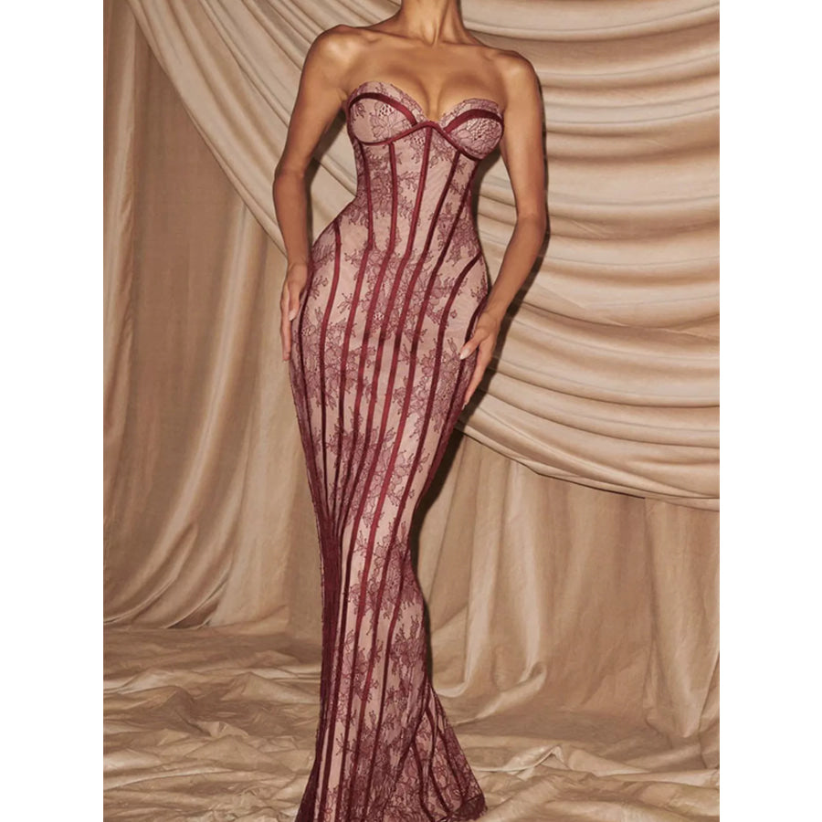 Lace Up Back Strapless Maxi Dress Burgundy / S Apparel and Accessories