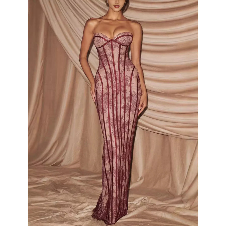 Lace Up Back Strapless Maxi Dress Burgundy / S Apparel and Accessories