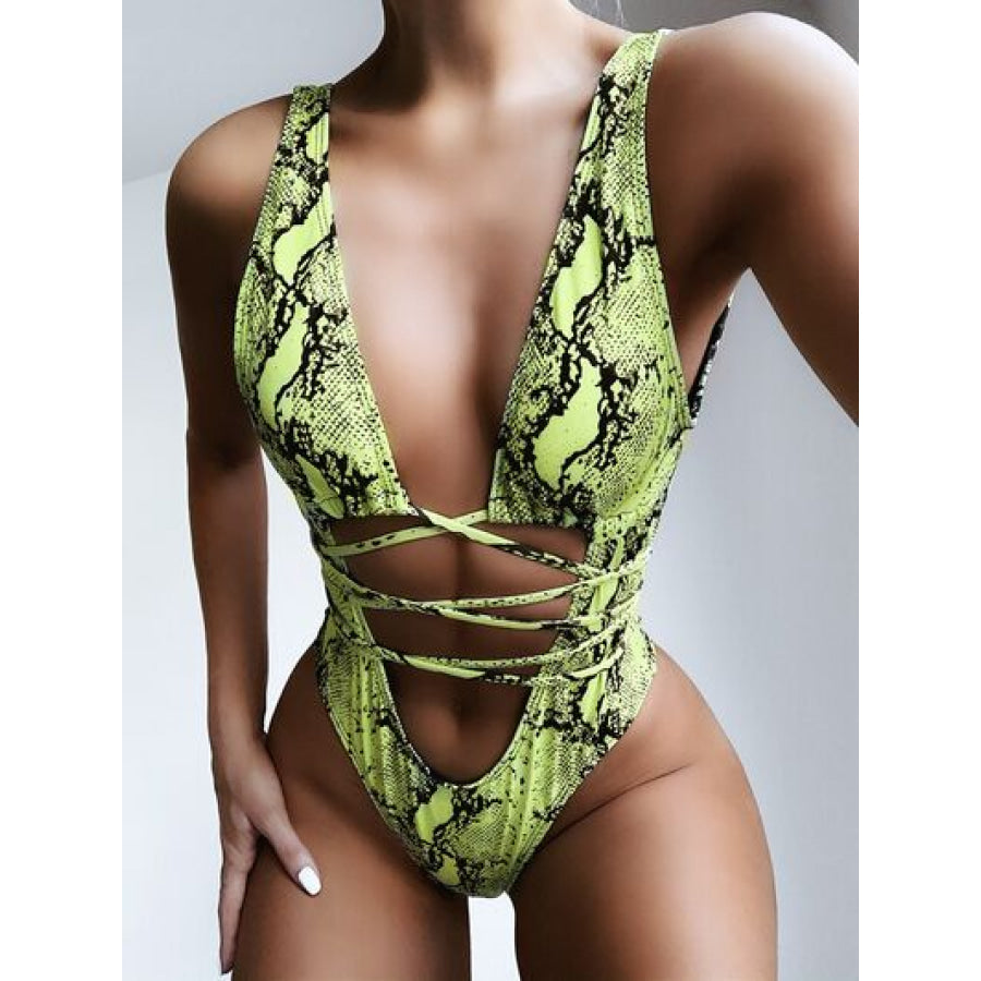 Lace - Up Backless Plunge One - Piece Swimwear Lime / S Apparel and Accessories