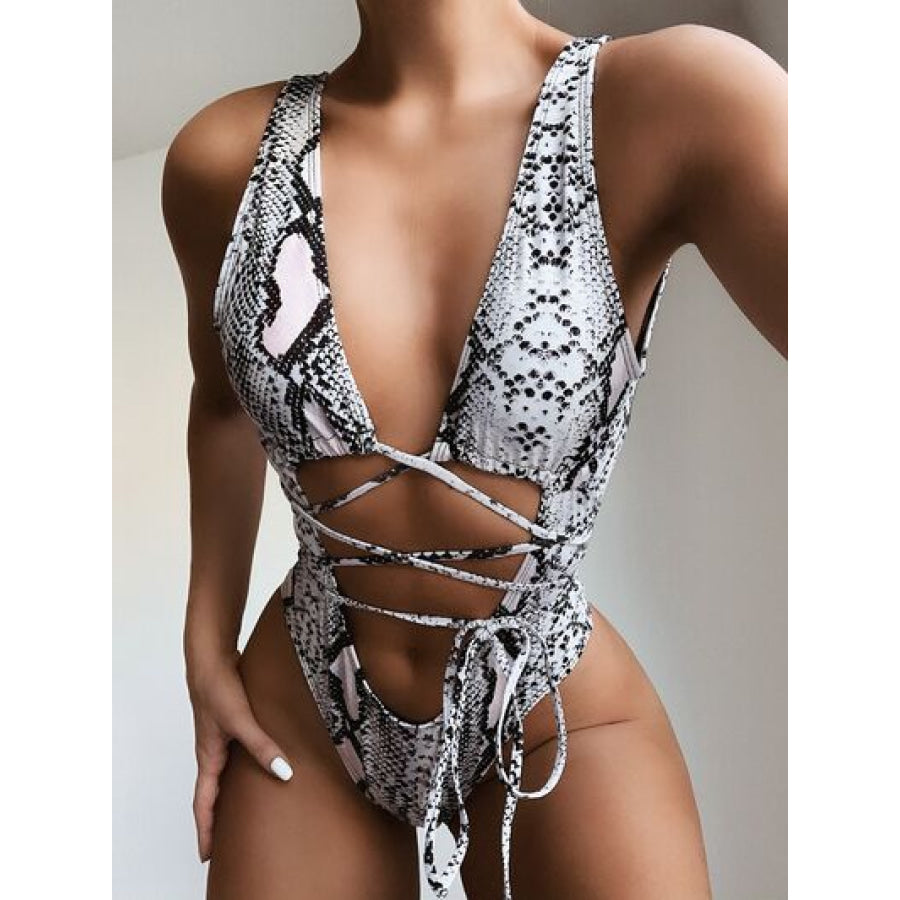 Lace - Up Backless Plunge One - Piece Swimwear White / S Apparel and Accessories