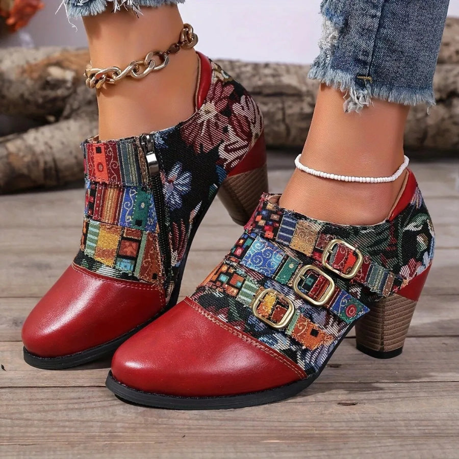Lace-Up Block Heel Ankle Boots Red / 36 Apparel and Accessories