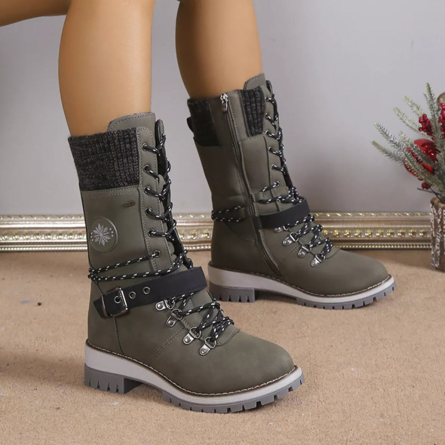 Lace Up Block Heel Boots Dark Green / 36 Apparel and Accessories