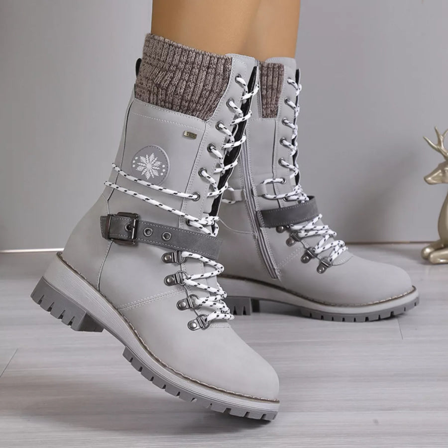 Lace Up Block Heel Boots Light Gray / 36 Apparel and Accessories