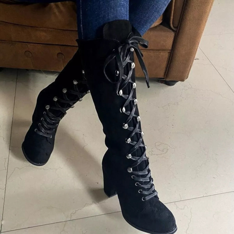Lace Up Block Heels Boots Apparel and Accessories