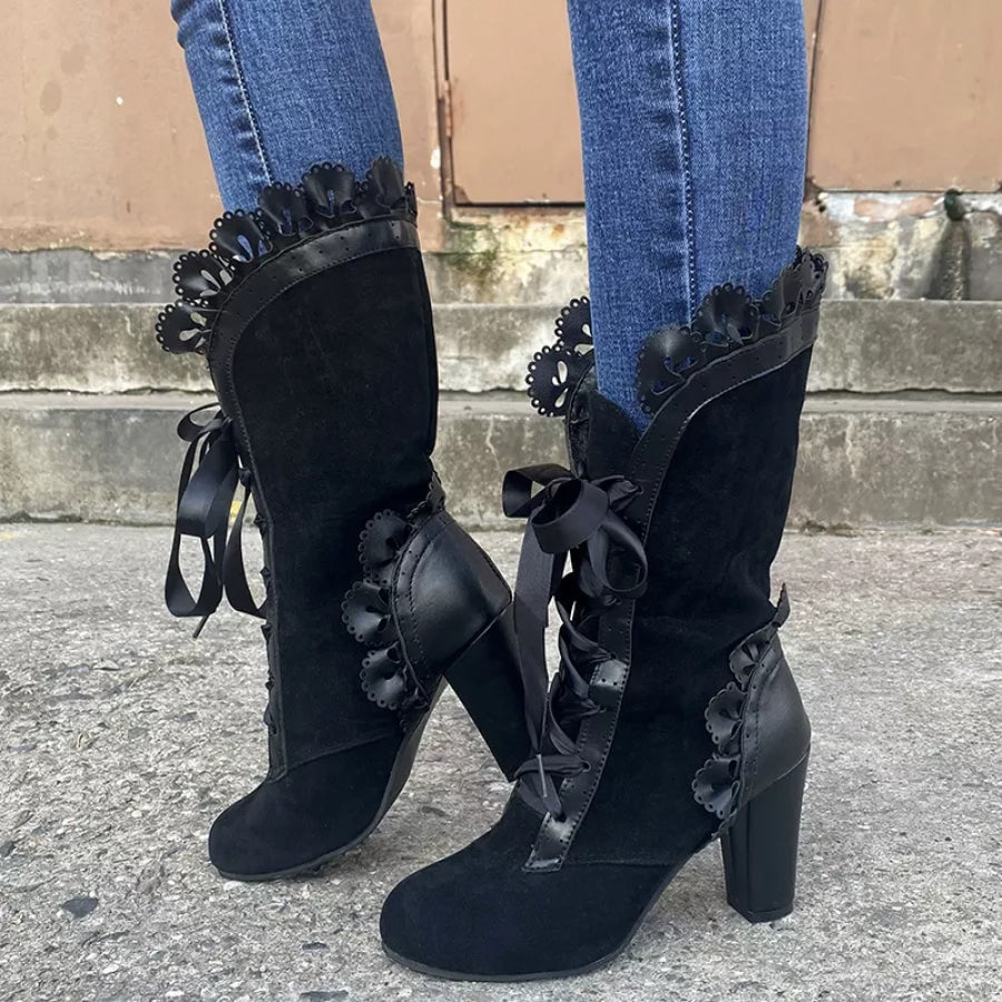 Lace Up Block Heels Boots Black / 35 Apparel and Accessories