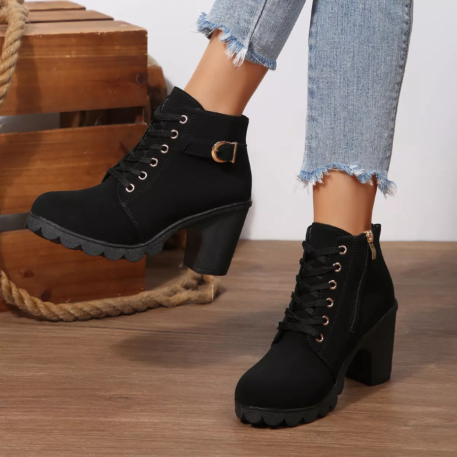 Lace Up Block Heels Boots Black / 35 Apparel and Accessories