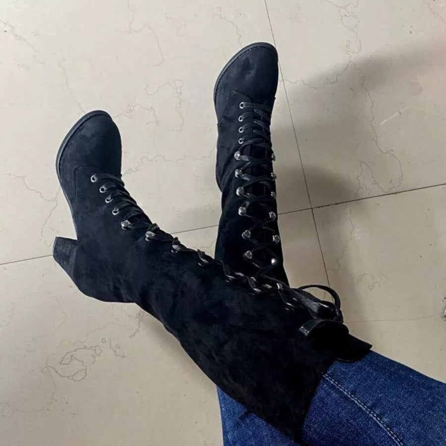 Lace Up Block Heels Boots Black / 35 Apparel and Accessories