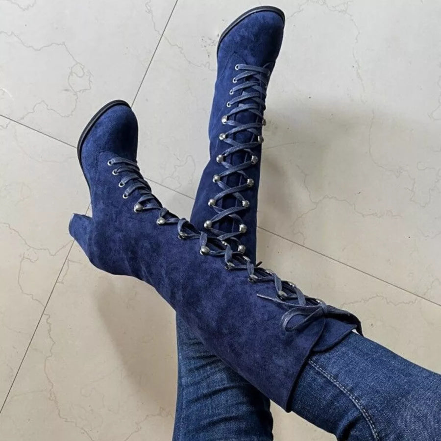 Lace Up Block Heels Boots Blue / 35 Apparel and Accessories