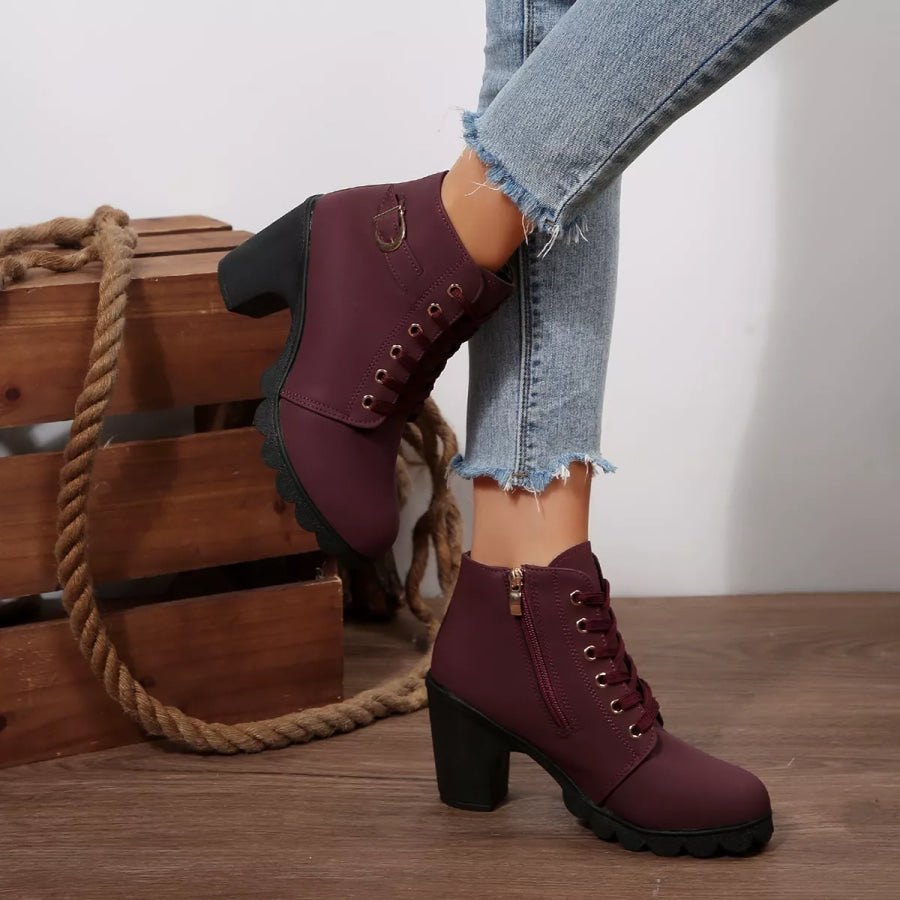 Lace Up Block Heels Boots Burgundy / 35 Apparel and Accessories