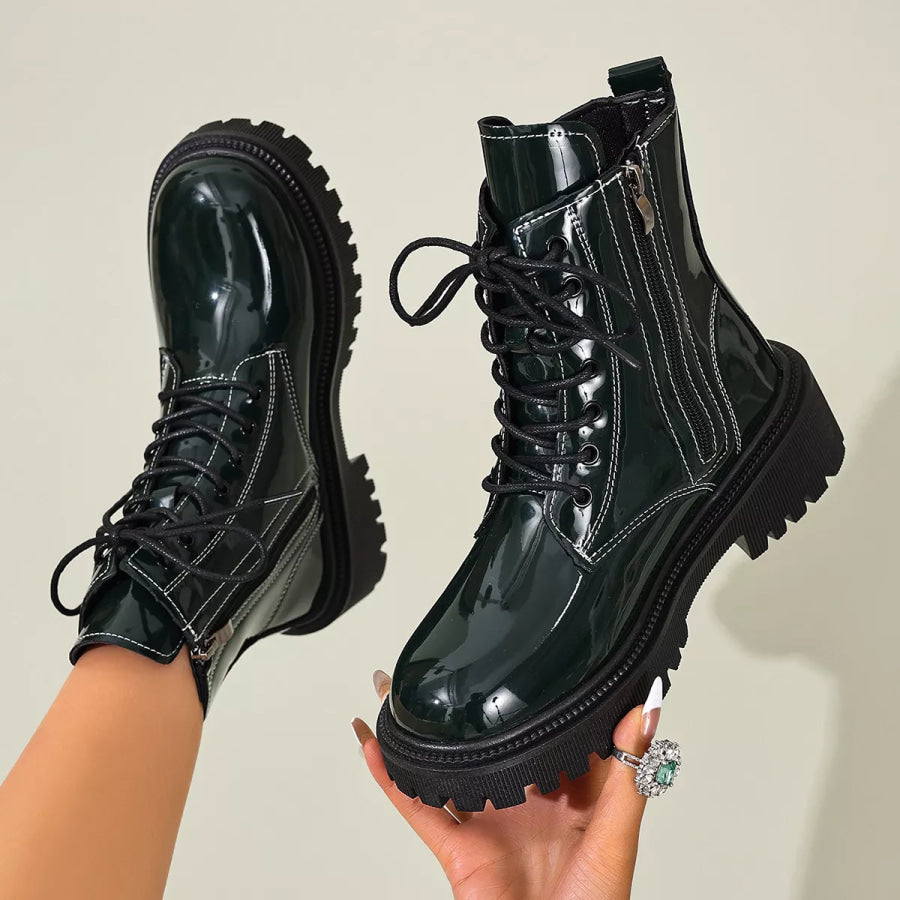 Lace Up Block Heels Boots Dark Green / 35 Apparel and Accessories