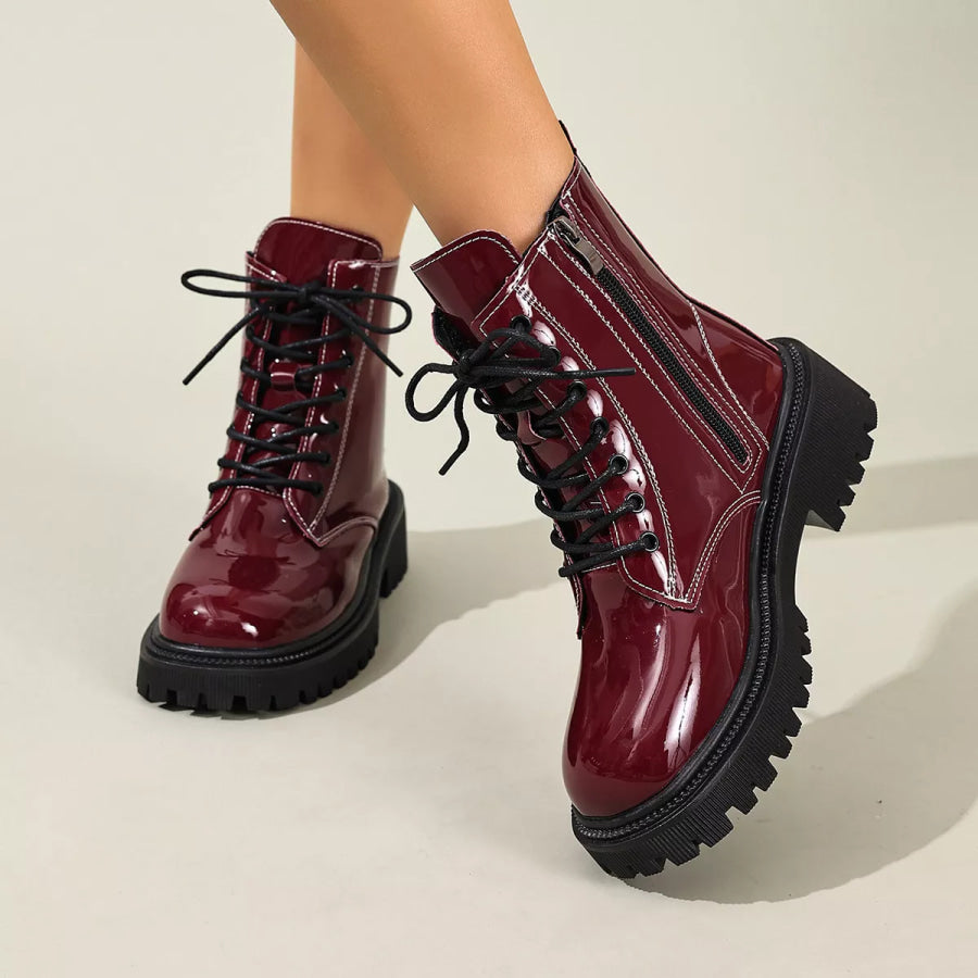 Lace Up Block Heels Boots Wine Red / 35 Apparel and Accessories