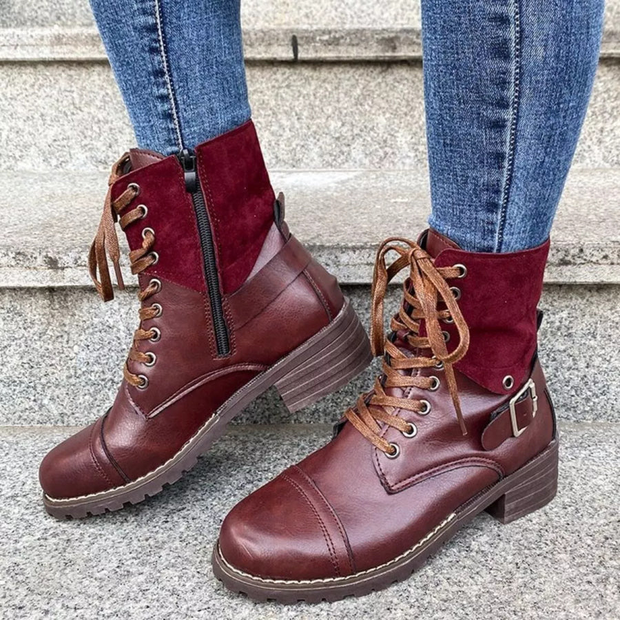 Lace-Up Block Heels Boots Wine Red / 36 Apparel and Accessories