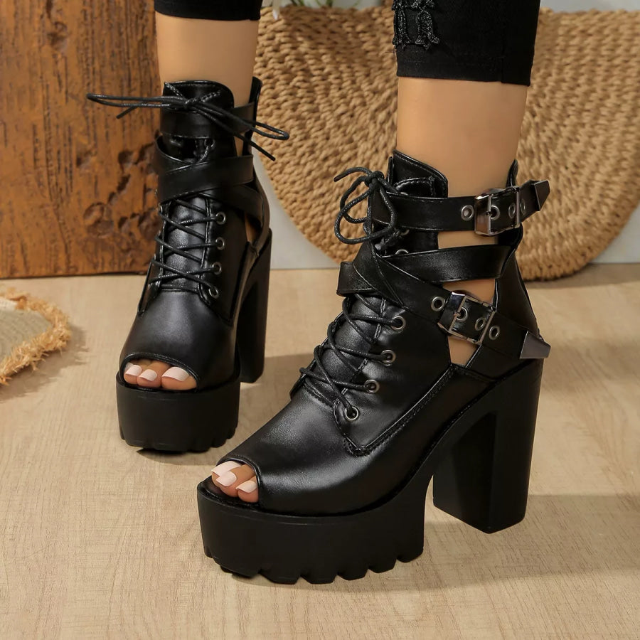 Lace Up Block Heels Sandals Black / 36 Apparel and Accessories