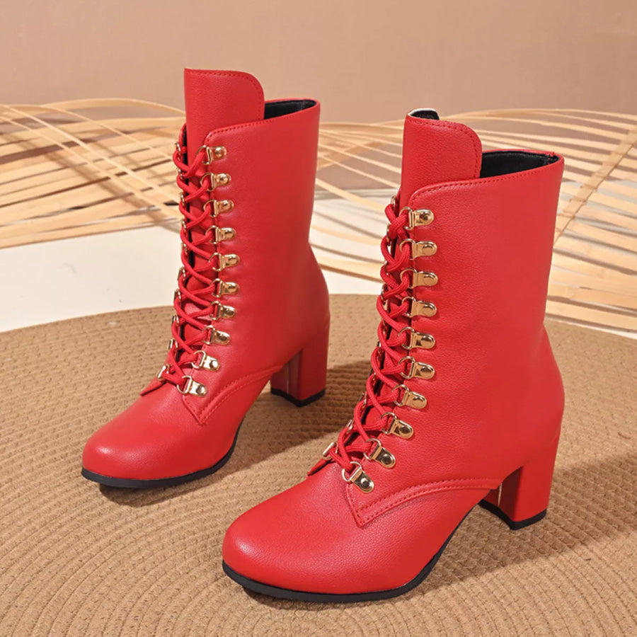 Lace-Up Boots with Block Heel Red / 36 Apparel and Accessories