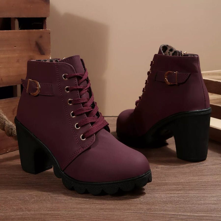 Lace-Up Buckle Chunky Heel Ankle Boots Apparel and Accessories