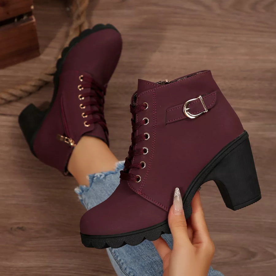 Lace-Up Buckle Chunky Heel Ankle Boots Apparel and Accessories