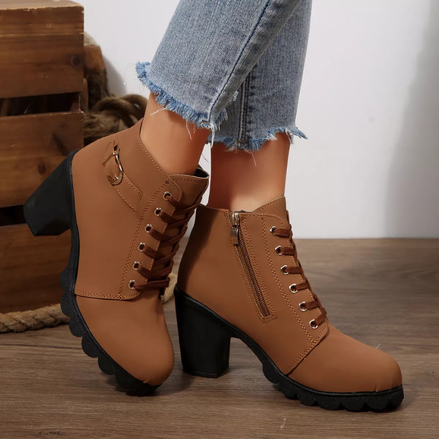 Lace-Up Buckle Chunky Heel Ankle Boots Apparel and Accessories