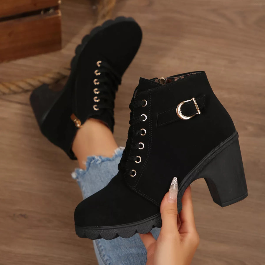 Lace-Up Buckle Chunky Heel Ankle Boots Apparel and Accessories