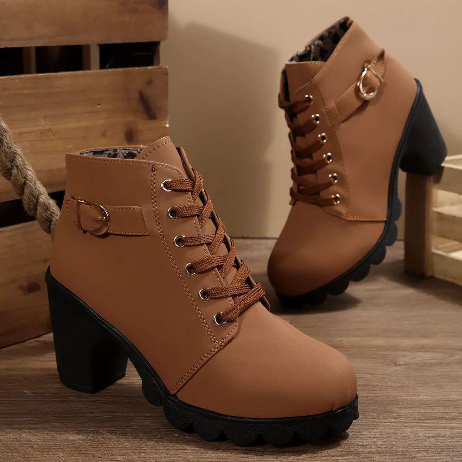 Lace-Up Buckle Chunky Heel Ankle Boots Apparel and Accessories