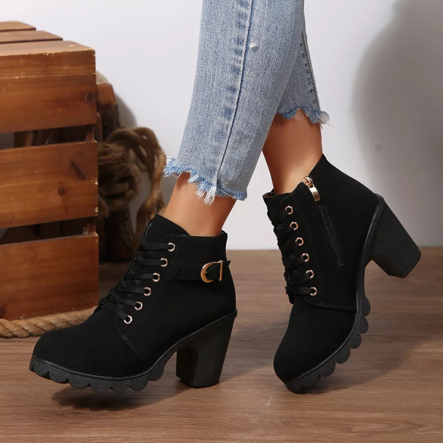 Lace-Up Buckle Chunky Heel Ankle Boots Black / 35 Apparel and Accessories
