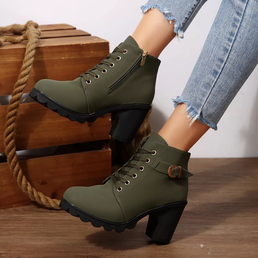 Lace-Up Buckle Chunky Heel Ankle Boots Green / 35 Apparel and Accessories
