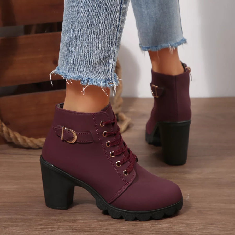 Lace-Up Buckle Chunky Heel Ankle Boots Red / 35 Apparel and Accessories