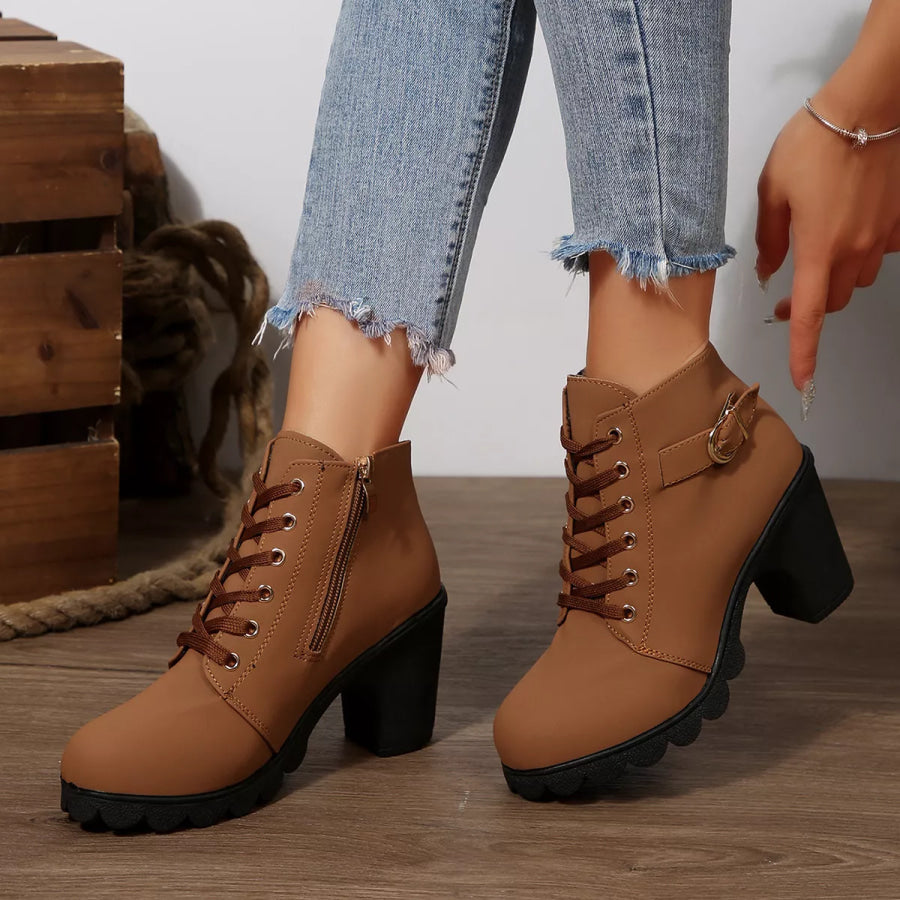 Lace-Up Buckle Chunky Heel Ankle Boots Yellow / 35 Apparel and Accessories