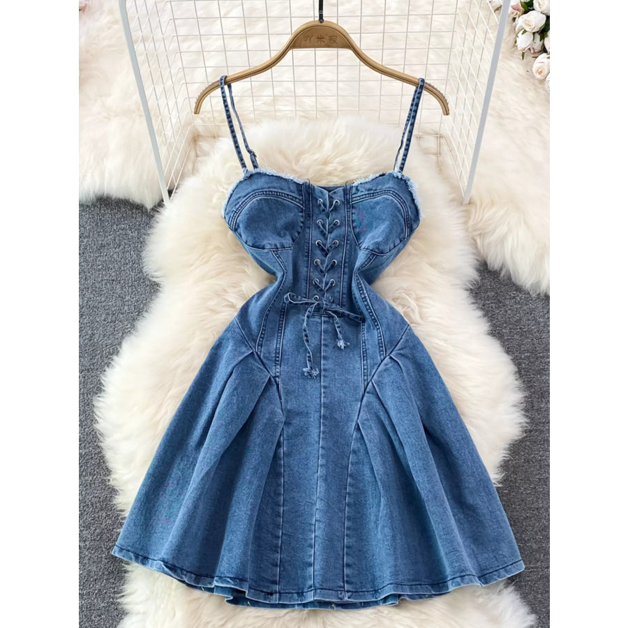 Lace-Up Denim A-Line Mini Dress Blue / S Apparel and Accessories