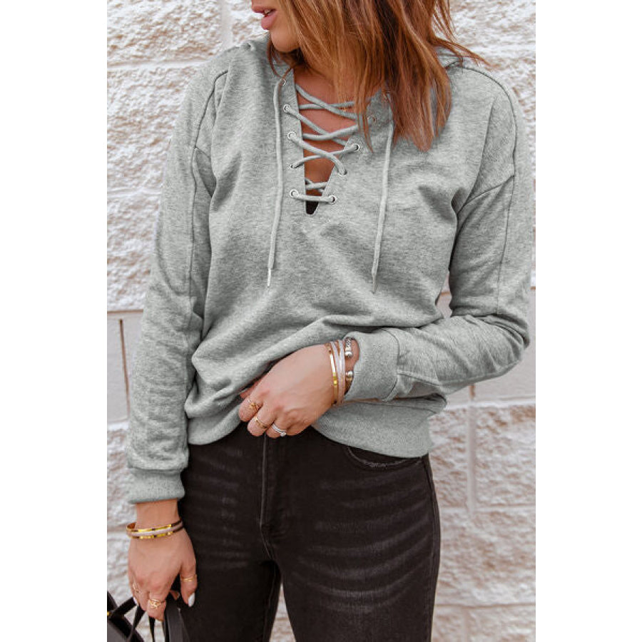 Lace - Up Dropped Shoulder Hoodie Light Gray / S Apparel and Accessories