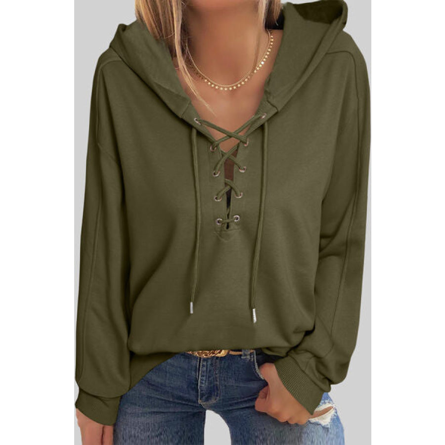 Lace - Up Dropped Shoulder Hoodie Army Green / S Apparel and Accessories