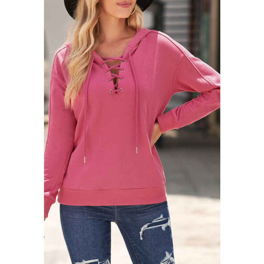 Lace - Up Dropped Shoulder Hoodie Fuchsia Pink / S Apparel and Accessories