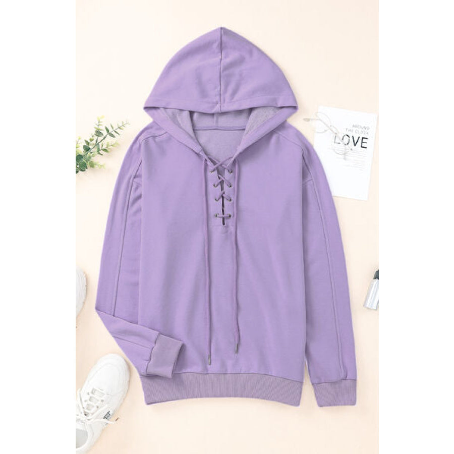 Lace - Up Dropped Shoulder Hoodie Lavender / S Apparel and Accessories