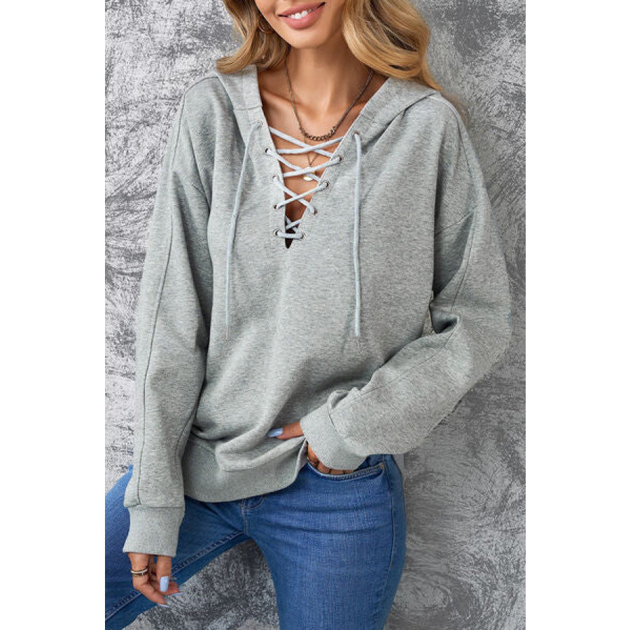 Lace - Up Dropped Shoulder Hoodie Light Gray / S Apparel and Accessories