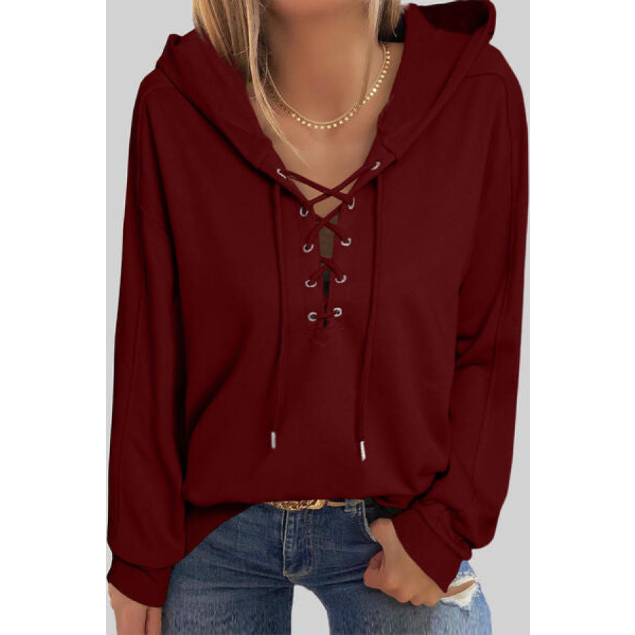 Lace - Up Dropped Shoulder Hoodie Wine / S Apparel and Accessories