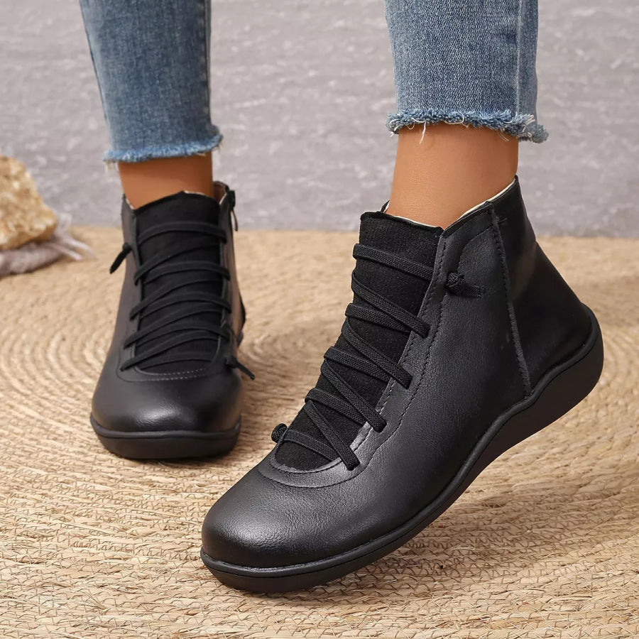 Lace-Up Faux Leather Ankle Boots Black / 35 Apparel and Accessories